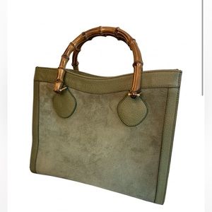 Gucci Diana RARE Olive Green Vintage Bamboo Satchel Handbag w/ Leather & Suede